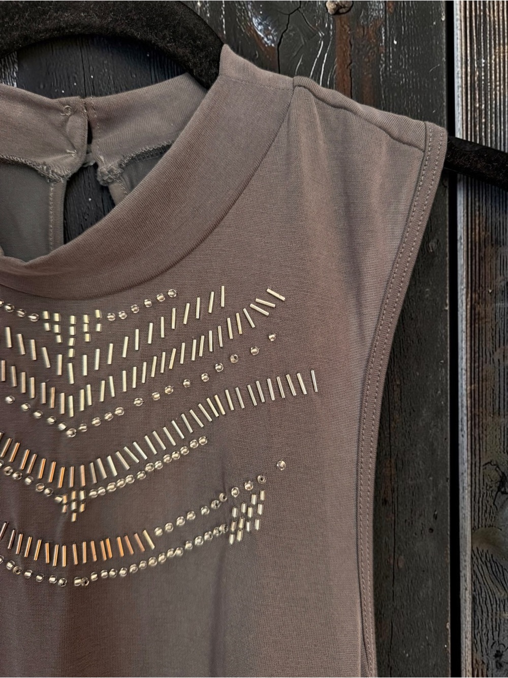 Abercrombie & Fitch Beaded Mock Neck Tank Large Taupe Embellished Top - Picture 3 of 8